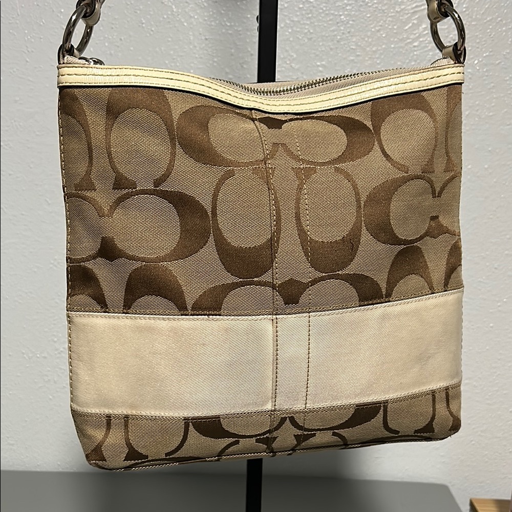 Coach Brown and Cream Signature Shoulder Bag